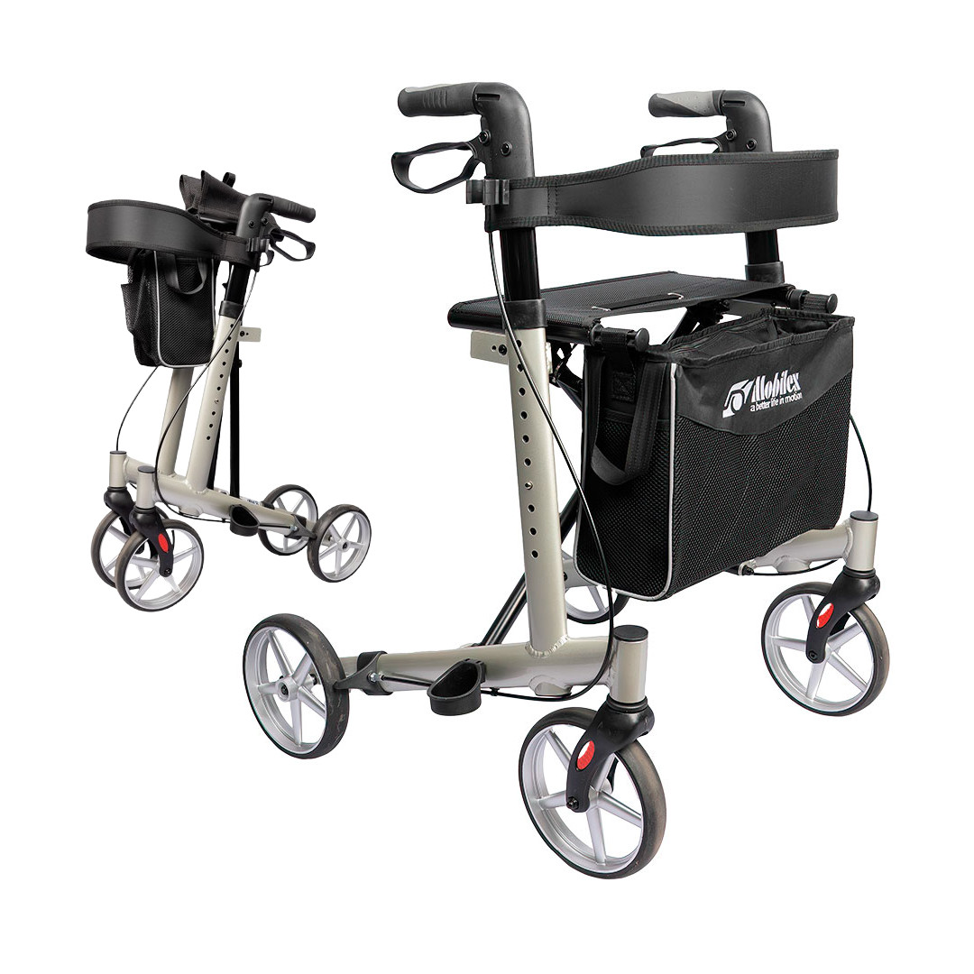 Mobilex Panther 2 Rollator, Aluminium Leichtgewicht, nur 6.8kg, faltbar, Rückengurt, Stockhalter, Tasche, Fb. champagne, bis 150kg (neue Serie)