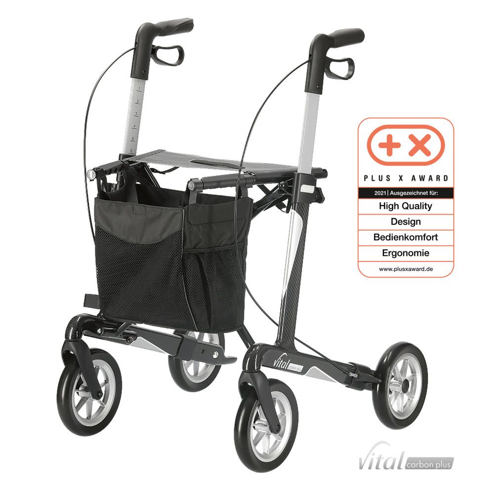 Russka Vital Carbon Plus Leichtgewicht-Rollator ab 6,6kg mit Softbereifung, faltbar, inkl. Tasche und Stockhalter, bis 150kg