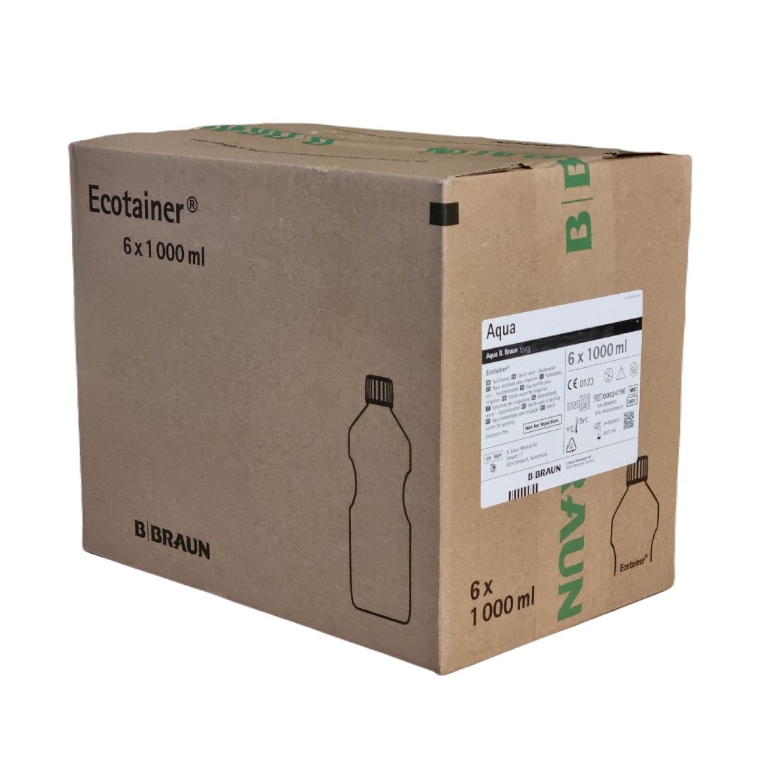 6 x B.Braun Aqua Ecotainer Wasser, steriles Wasser, Spüllösung, Sterilwasser zur Inhalation/Atemgasbefeuchtung Sauerstofftherapie, 6 Flaschen á 1000ml (Aeropart Nachfolgeartikel)