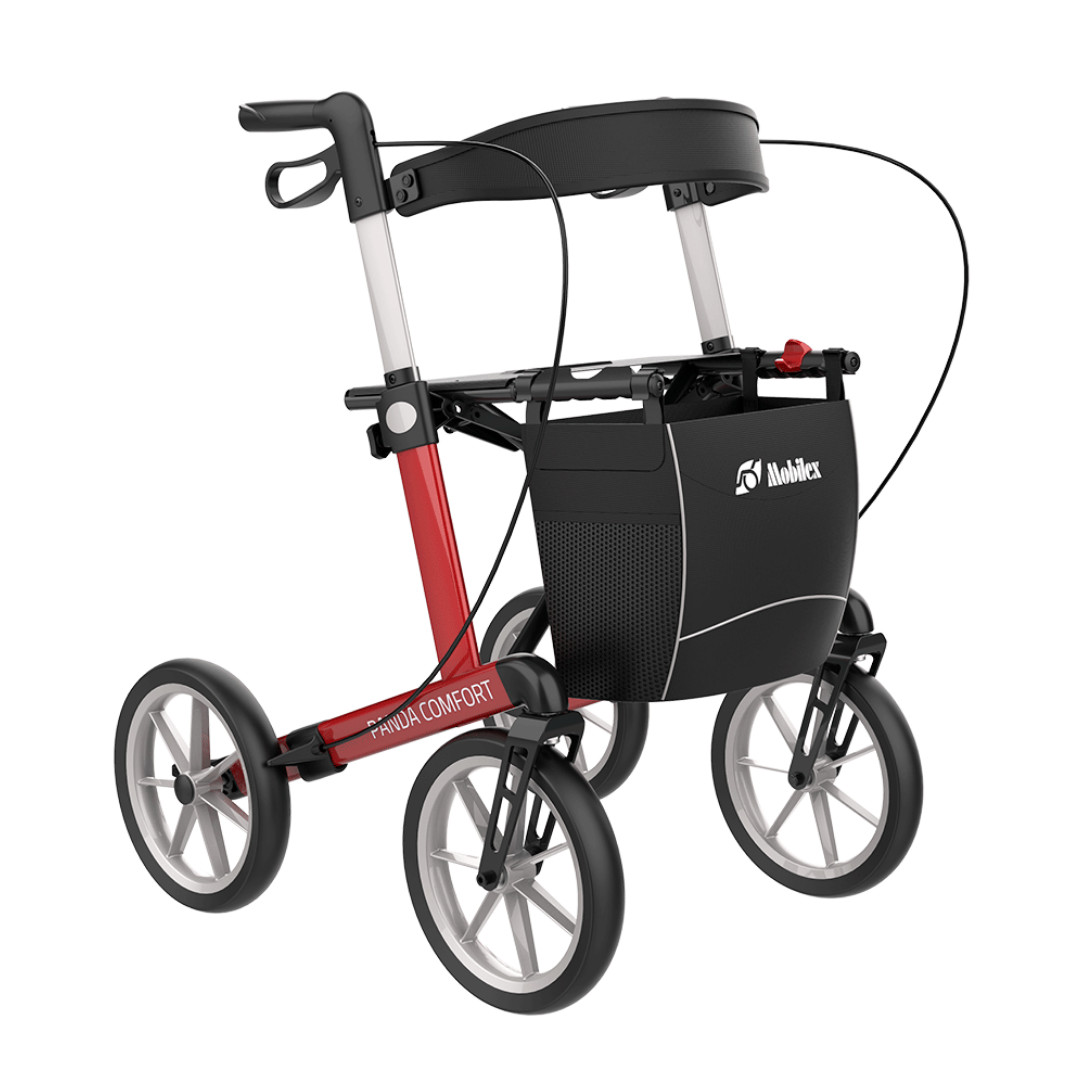 Outdoor-Rollator Panda Comfort, rot, mit großen Softrädern, Leichtgewicht faltbar, nur 9.4kg, weiche Räder stoßdämpfend, Rückengurt, Tasche, Stockhalter, bis 150kg