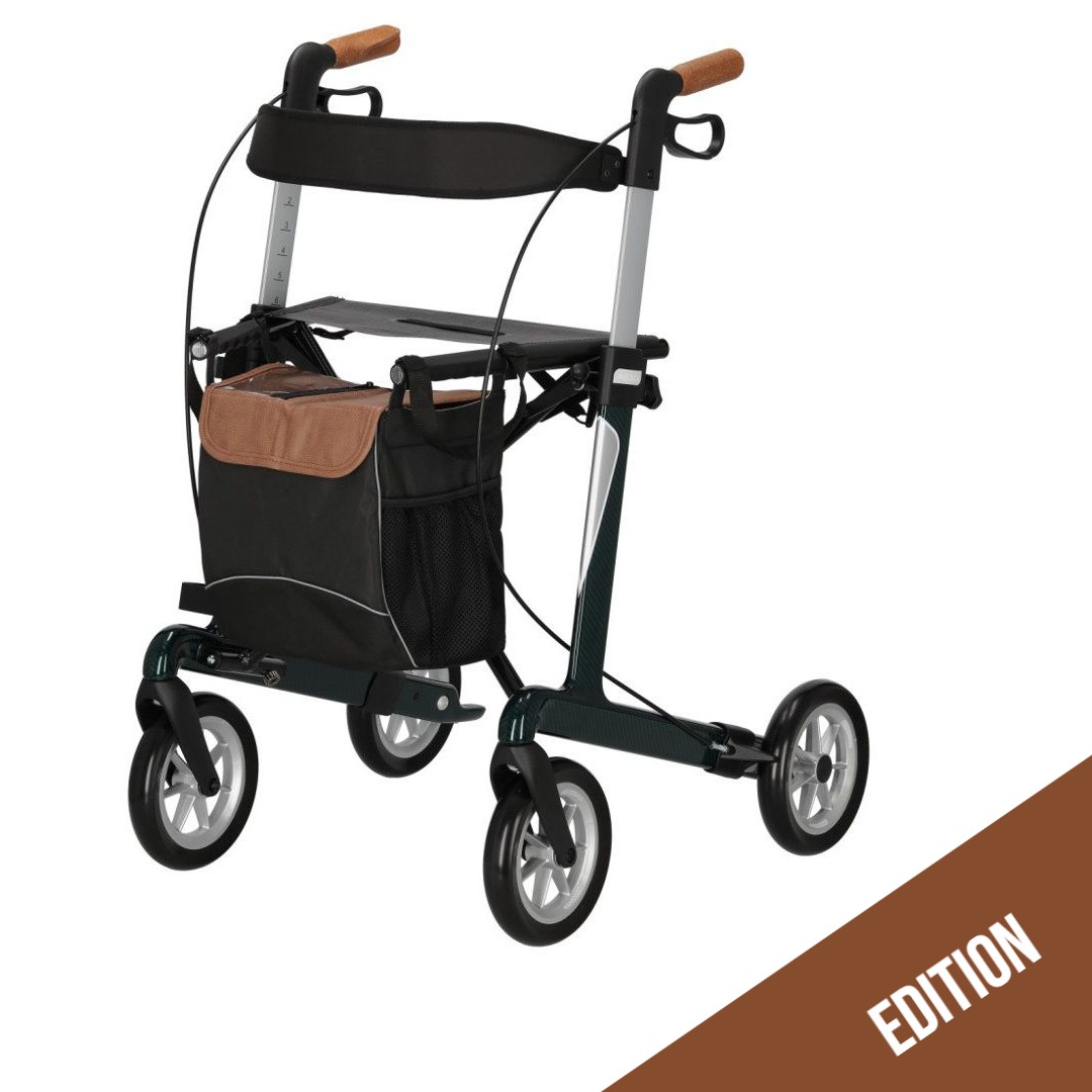 Rollator Vital Carbon Plus 62 Edition Smaragdgrün + Kork, 6.6kg mit Softbereifung, faltbar, inkl. Tasche, Rückengurt und Stockhalter, bis 150kg