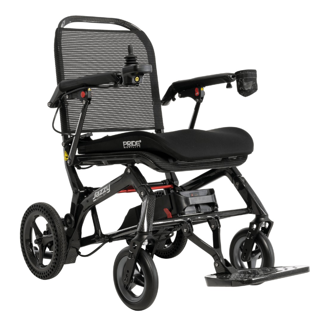 Jazzy Carbon Ultra Lite (PU pannensicher) faltbarer Leicht Elektrorollstuhl, ultraleicht nur 14.5kg, kompakt, reisefreundlich, bis 136kg