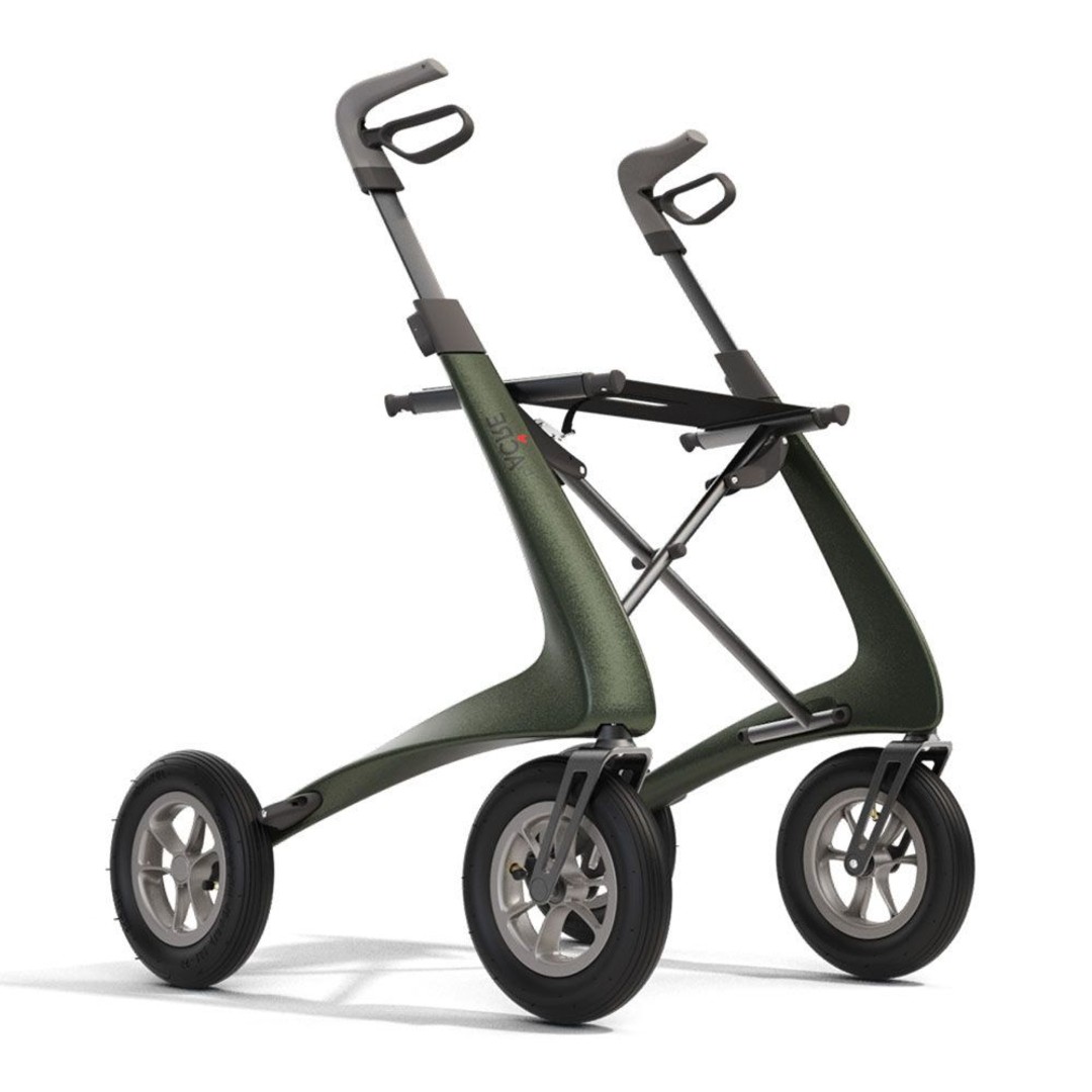 byACRE Rollator Carbon Overland metallic-grün, All-Terrain-Rollator (Outdoor + Indoor) mit Luftreifen und Federung, nur 6,7kg, bis 150kg, neue Version, inkl. Tasche