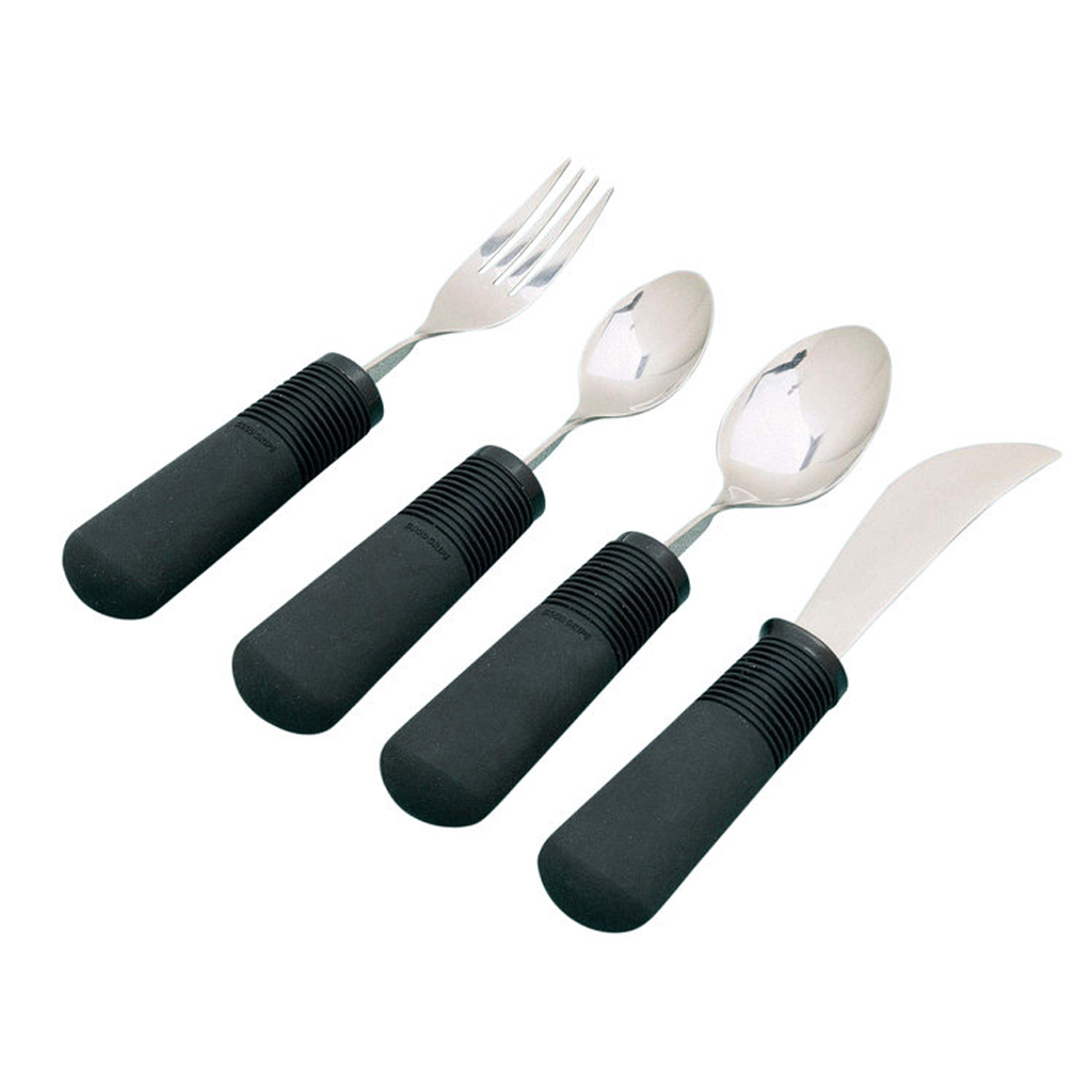 Good Grips Essbesteck 4-teiliges Set (Gabel, Löffel, Teelöffel, Messer) biegsam, dicke & rutschsichere Griffe, Senioren / Handicap Besteck Edelstahl