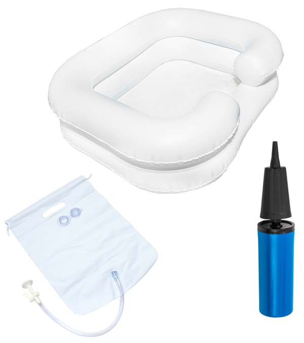 Haarwaschwannen-Set Extra, inkl. Duschvorrichtung und Pumpe, aufblasbare Haarwaschwanne, 2-reihig, mit absperrbarem Wasserablauf und Kopfmulde