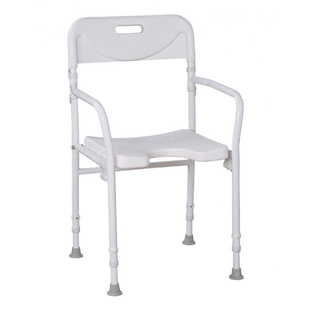 RFM Duschstuhl faltbar mit Armlehnen, Hygieneausschnitt, Höhe verstellbar, ohne Werkzeug faltbar, bis 110kg