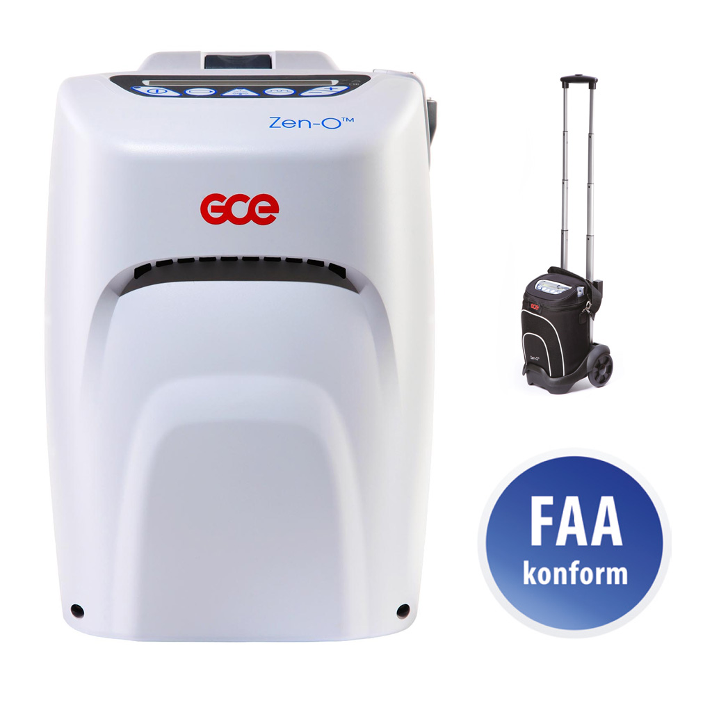 GCE ZEN-O (1 x Akku) mobiler Sauerstoffkonzentrator, mit Atemzugflow- und Konstantflow bis zu 2 l/min., Komplettset mit Tasche, Caddy, 1x12V Zellenakku, Netzkabel, 12V Adapter