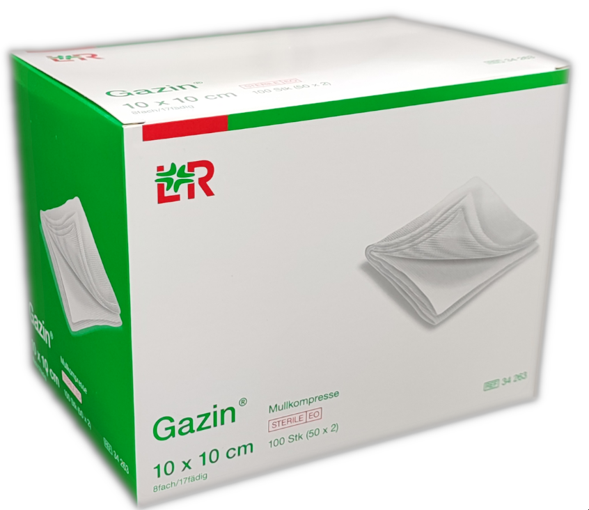 L&R Mullkompresse Gazin, 10x10cm, 100 Stück, Nr. 34263, nach DIN EN 14079, steril