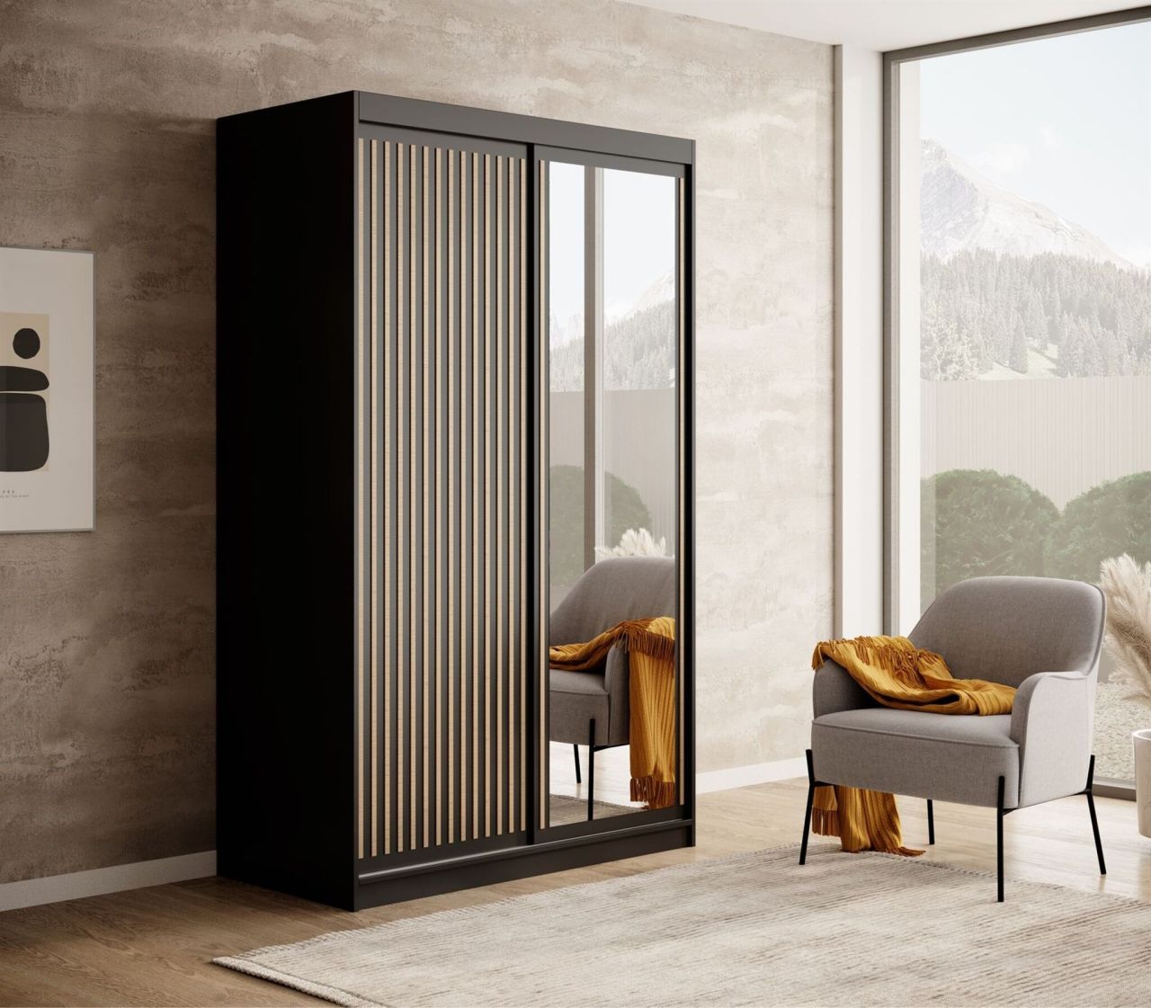 Schiebetürenschrank Schrank FABO in Schwarz matt- Artisan Eiche 120x205x60 cm