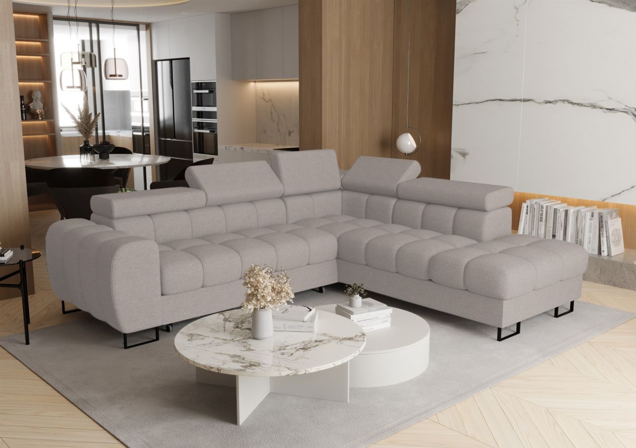 Ecksofa Schlafsofa BASTIEN MAX in Stoff Primo Graubeige Ottomane Rechts