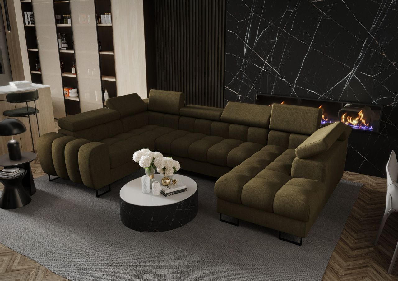Wohnlandschaft Schlafsofa BASTIEN in Stoff Moly Dunkelgrün Ottomane Rechts