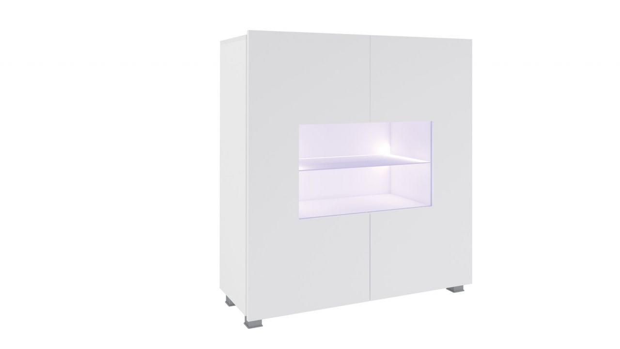 Highboard Schrank Vitrine LABRI 100x105x35cm Weiss Hochglanz inkl. LED