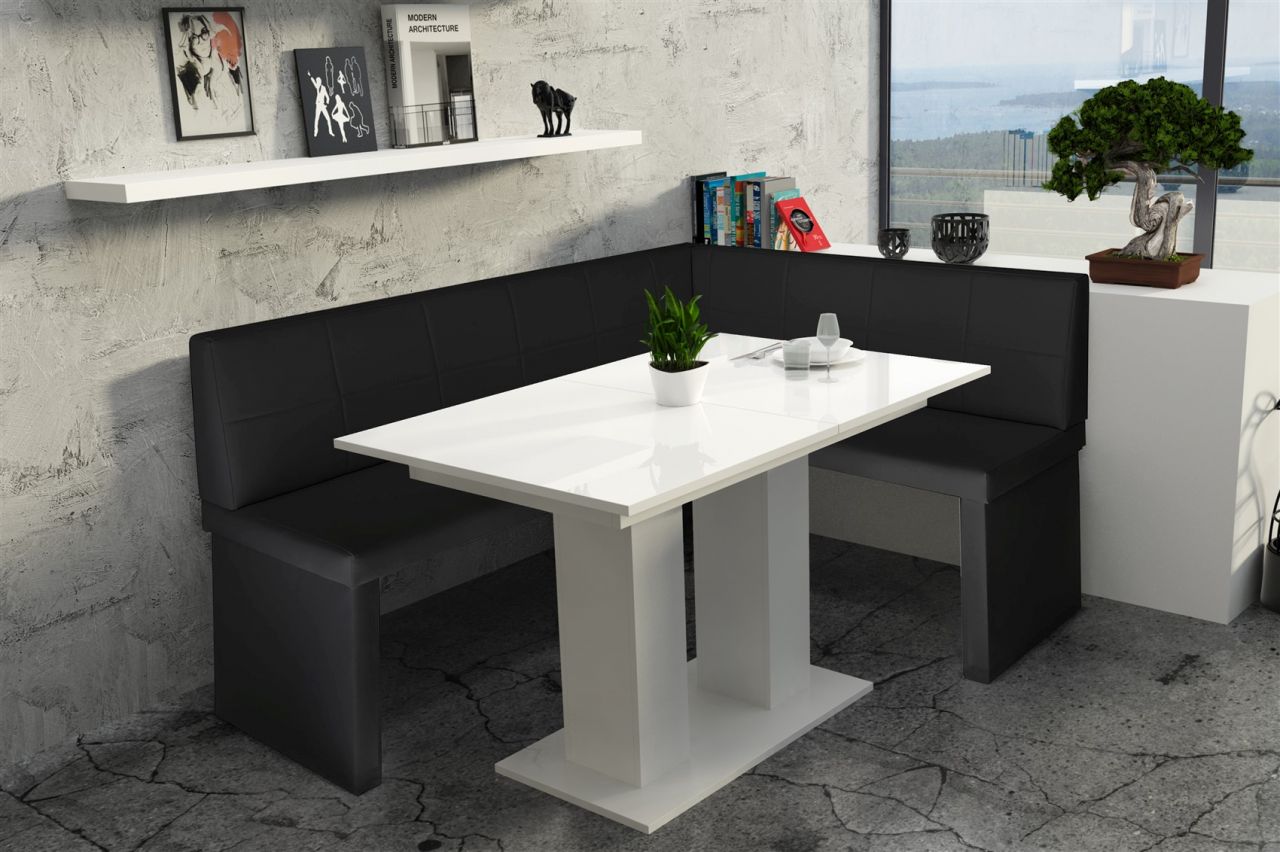Eckbankgruppe 196x142 cm ROBIN XL L Schwarz / Esstisch DANTE Weiss