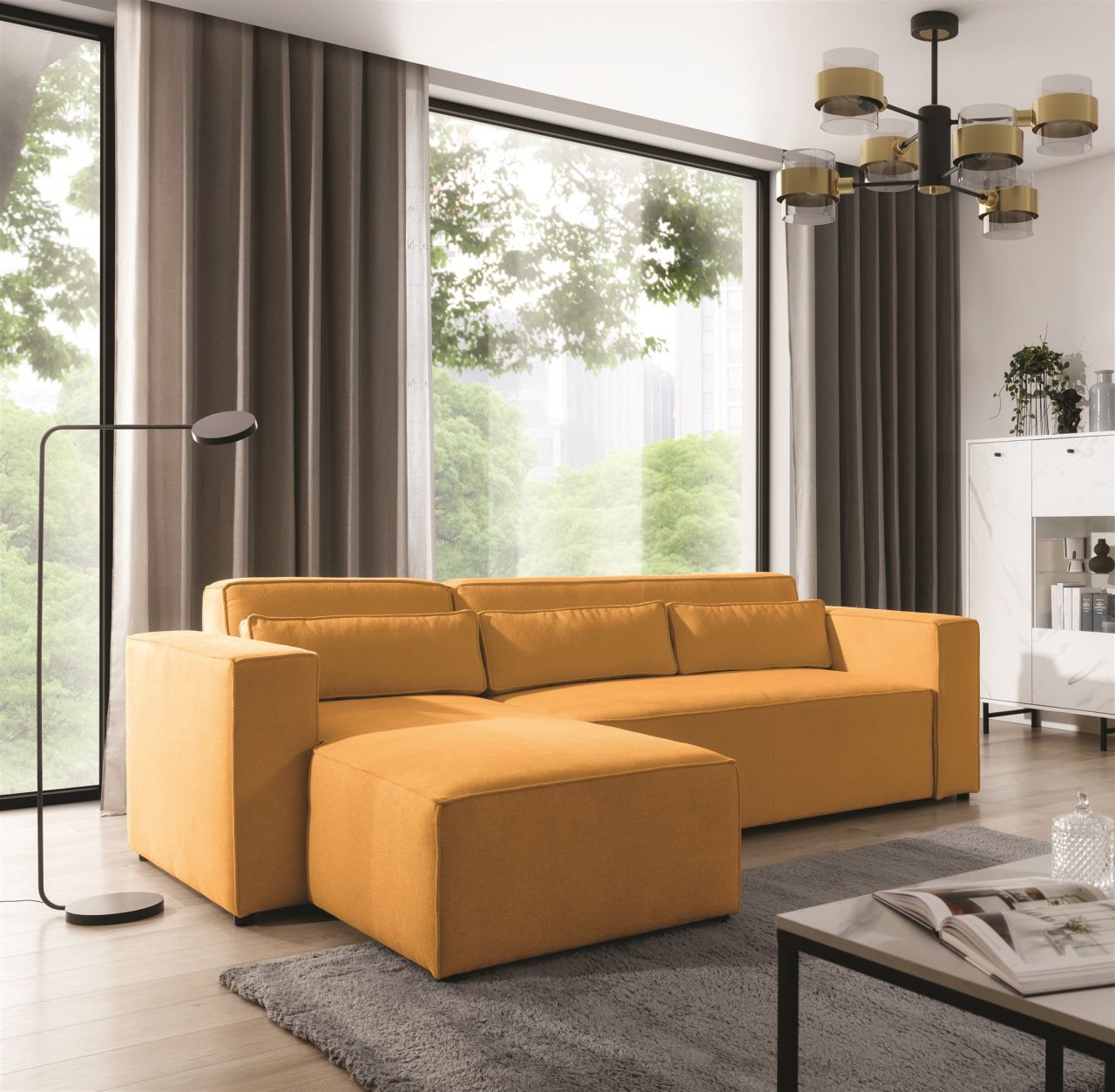 Ecksofa Schlafsofa WALDO Stoff Brooklyn Mostaza Ottomane Links