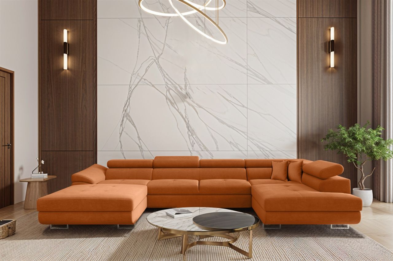Wohnlandschaft Schlafsofa Sofa CARMELO in Stoff Nova Orange Ottomane Links