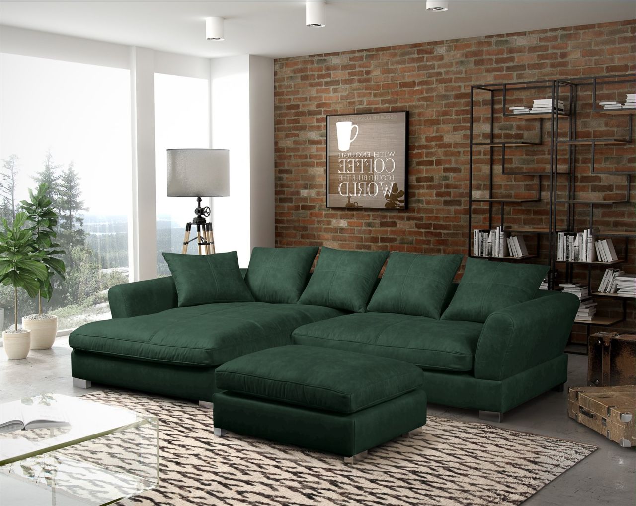 Ecksofa TIZIAN inkl. Polsterhocker in Stoff Salvador Flaschengrün Ottomane Links