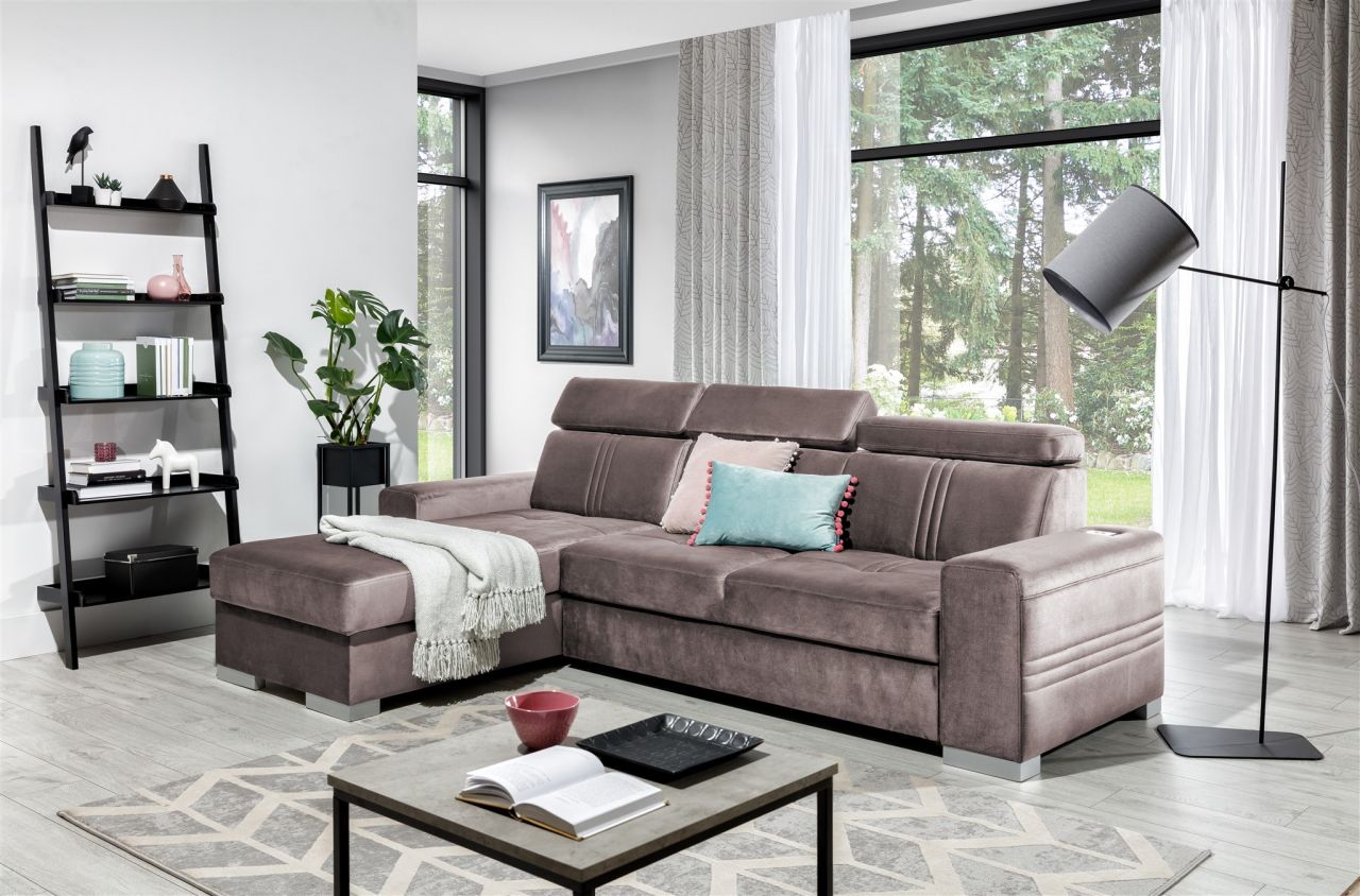 Ecksofa Schlafsofa NOLAN XS ink USB Stoff Monolith Pastellviolett Ottomane Links