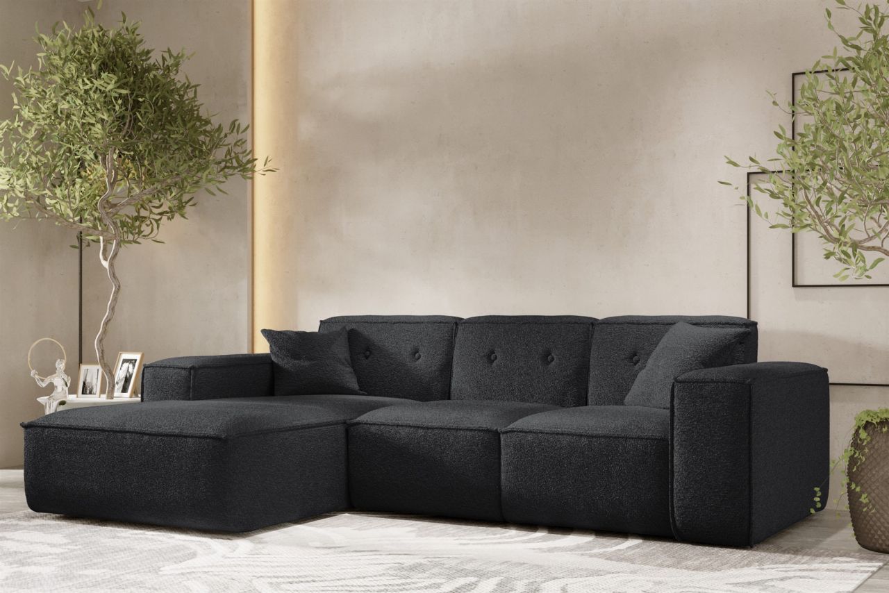 Ecksofa Designersofa CESINA Stoff Ascot Bukla Schwarz Ottomane Links
