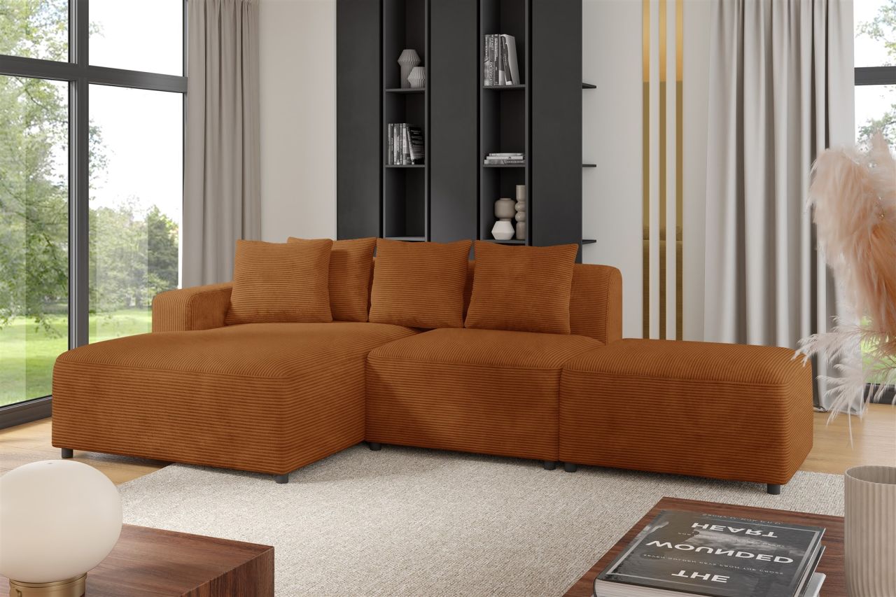 Ecksofa Designersofa MEGAN XS inkl. Hocker Stoff Poso Rostbraun Ottomane Links