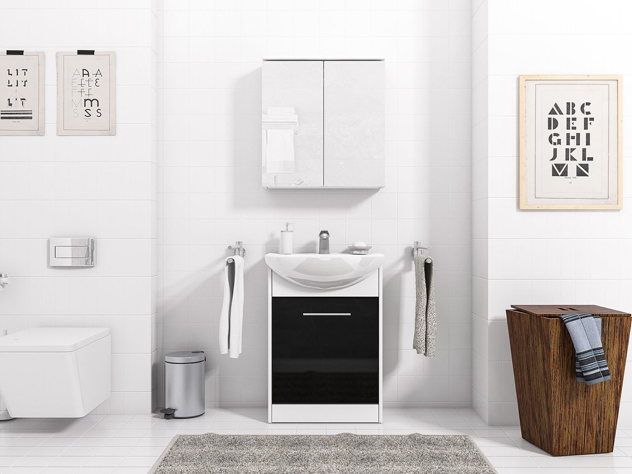 Badmöbel Set 3-Tlg Weiss / Schwarz Hochglanz PETIT inkl.Waschtisch