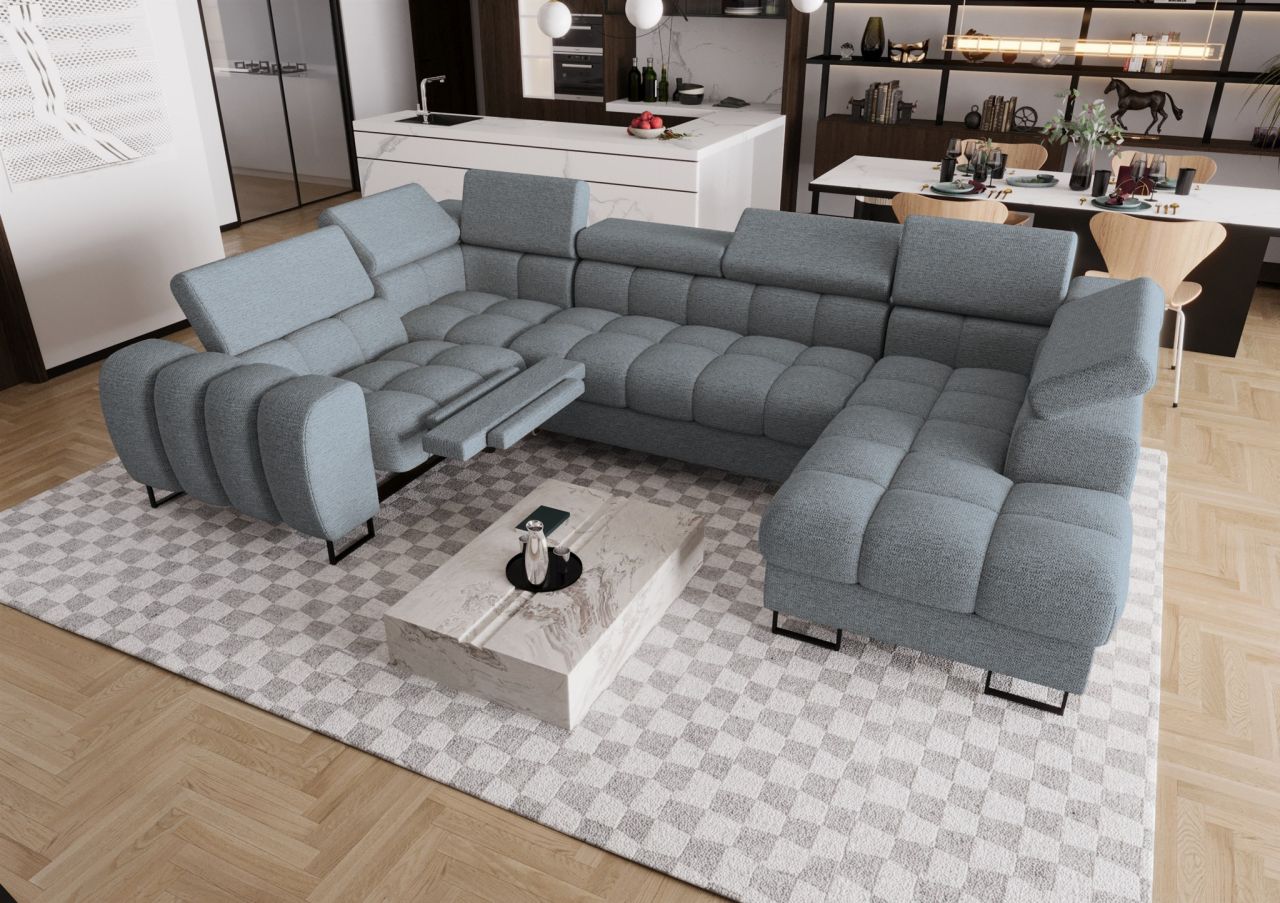 Wohnlandschaft Schlafsofa BASTIEN RELAX in Stoff Aragon Grau Ottomane Rechts