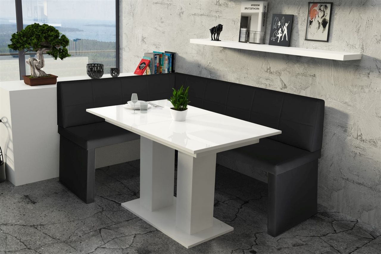 Eckbankgruppe 196x142 cm ROBIN XL R Schwarz / Esstisch DANTE Weiss