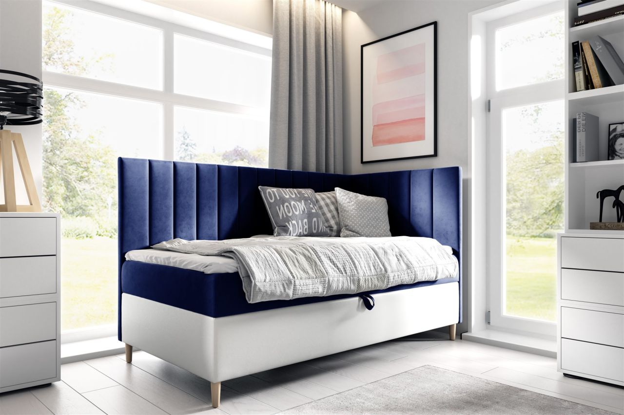 Boxspringbett Gästebett Kinderbett HELVI Nr.3 100x200cm Weiss-Blau Seite Rechts