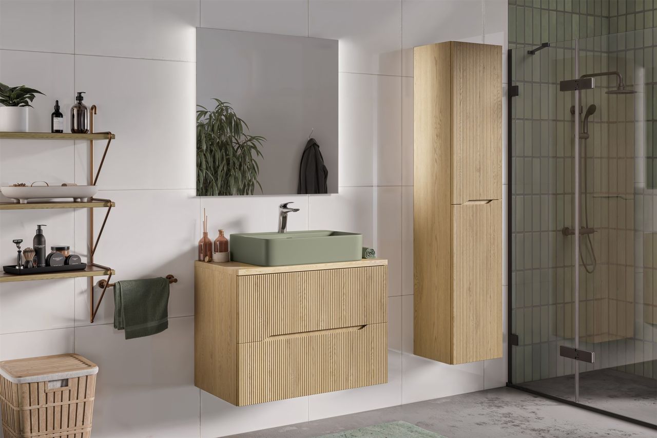 Badmöbel Set 3-tlg Badezimmerset AVOLI Cremona Eiche Spiegel 80cm ohne Wascht...