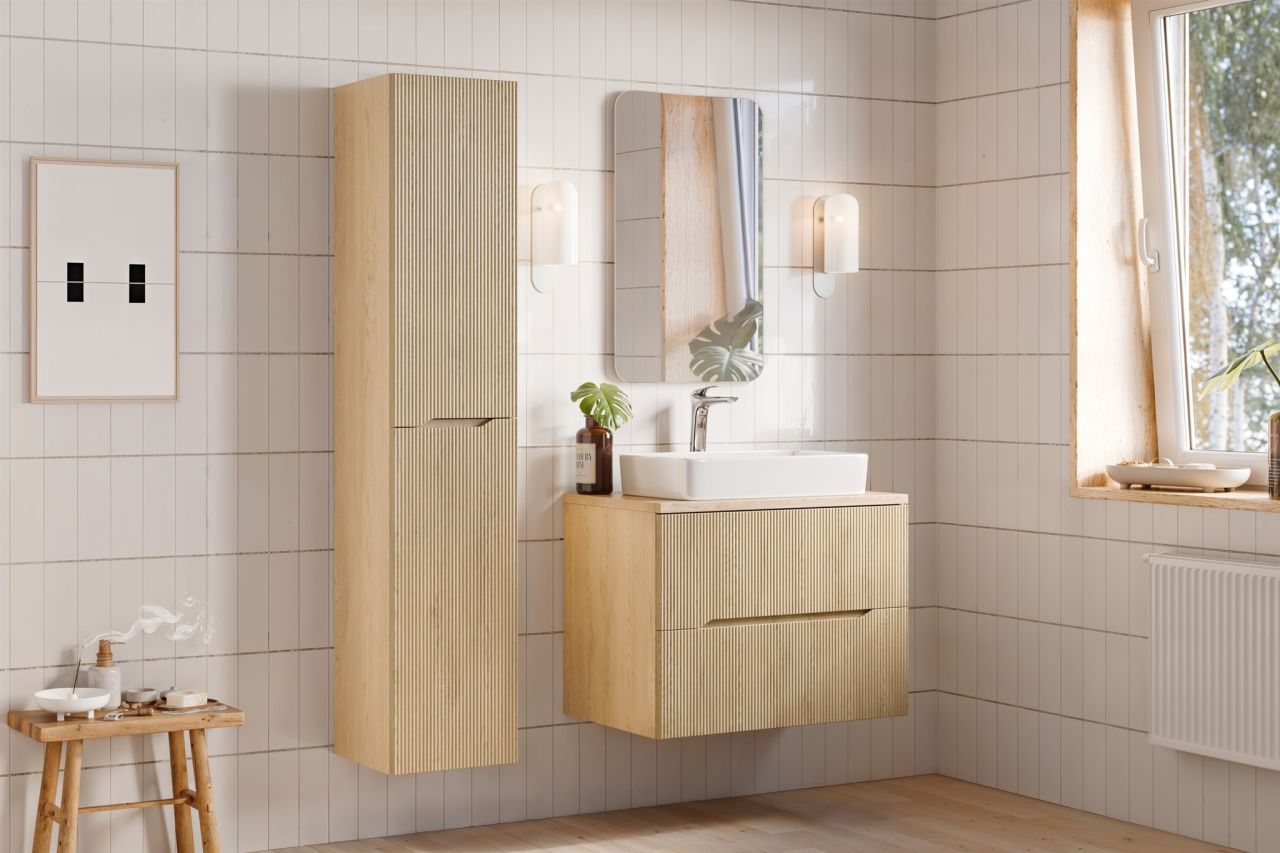 Badmöbel Set 3-tlg Badezimmerset AVOLI Cremona Eiche Schrank 80cm ohne Wascht...