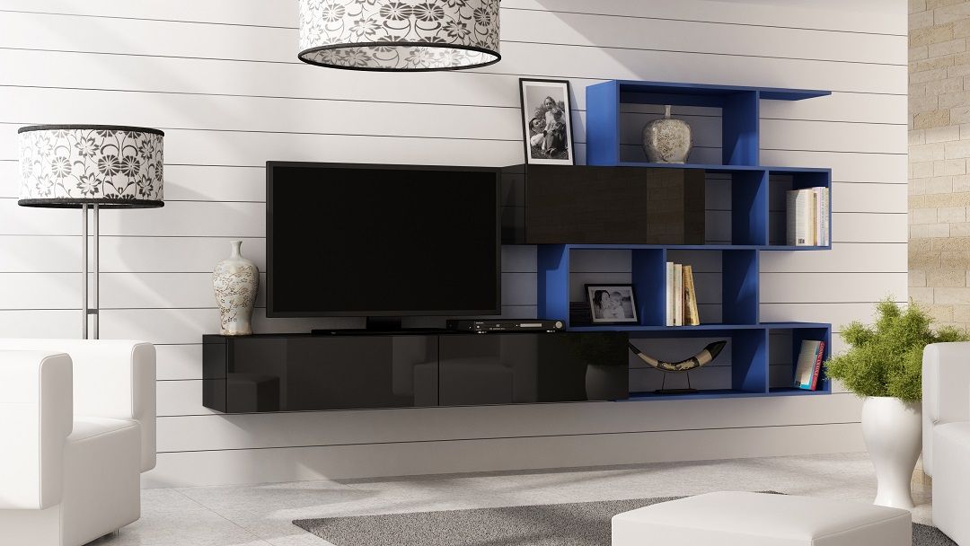 Mediawand Wohnwand 3 tlg - SKY - Schwarz HGL / Blau