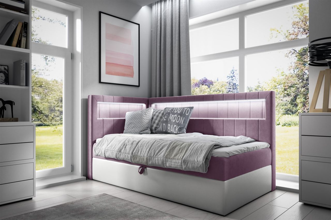 Boxspringbett Gästebett Kinderbett FABIAN Nr.3 90x200cm Weiss-Rosa Seite Links