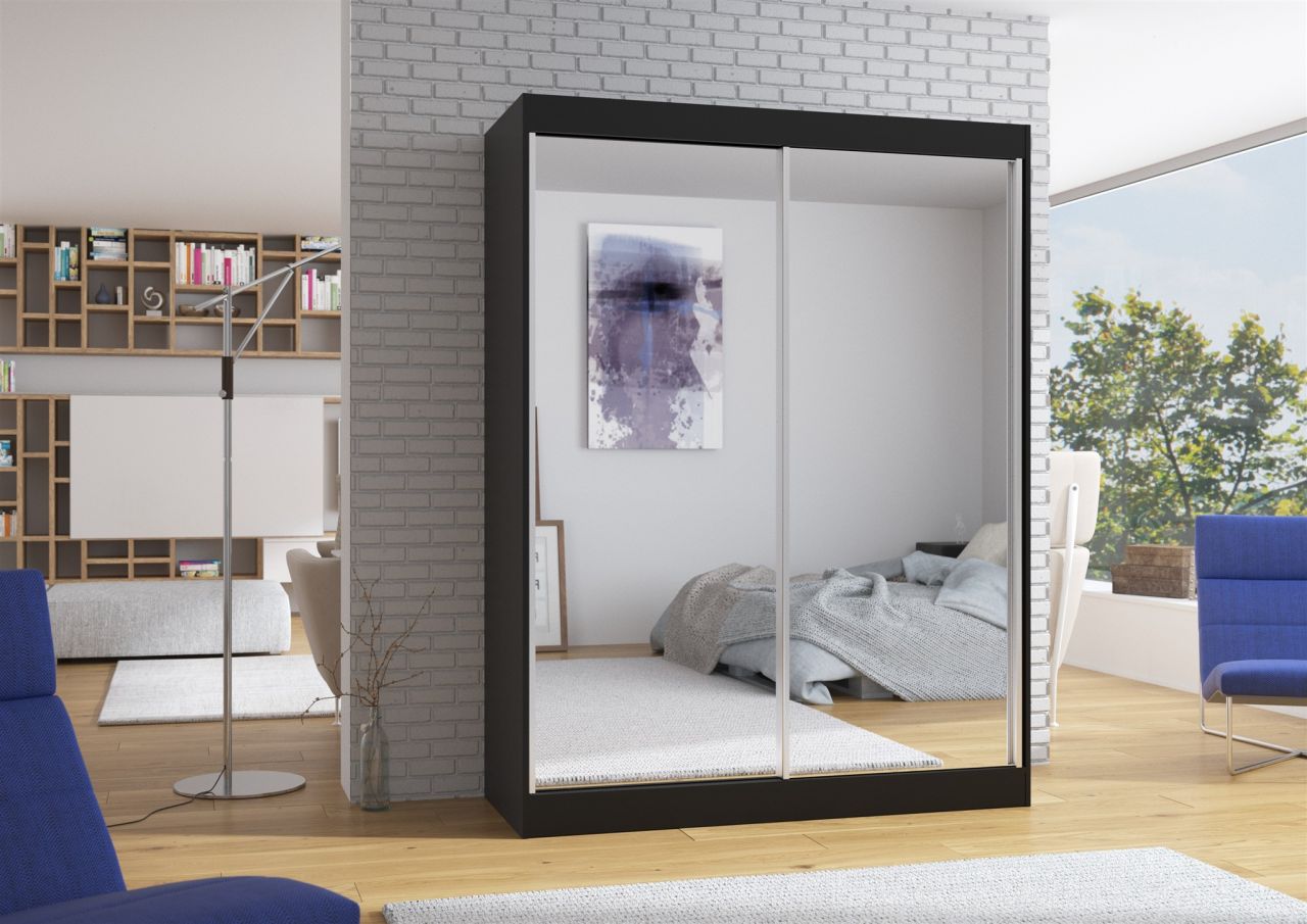 Schiebetürenschrank Schrank DOLM in Schwarz matt- Spiegel 150x200x58 cm