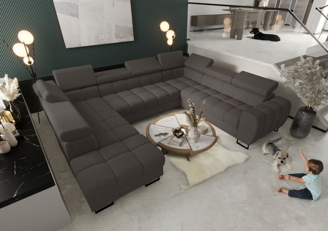 Wohnlandschaft Schlafsofa BASTIEN XL in Stoff Aragon Dunkelgrau Ottomane Links
