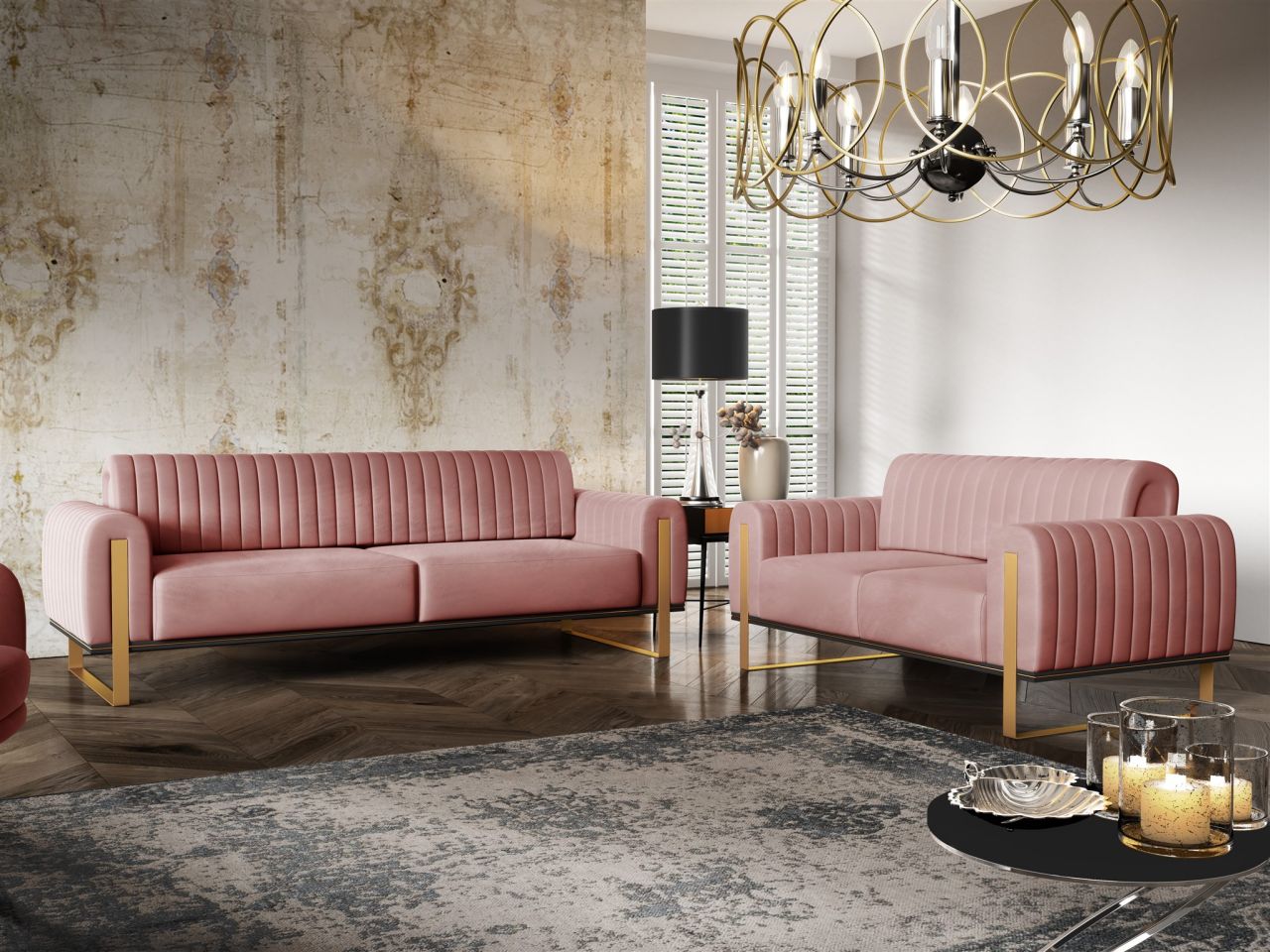 Sofaset Designersofas VALERIE 3-2 in Stoff Stoff Elisa Velvet Altrosa