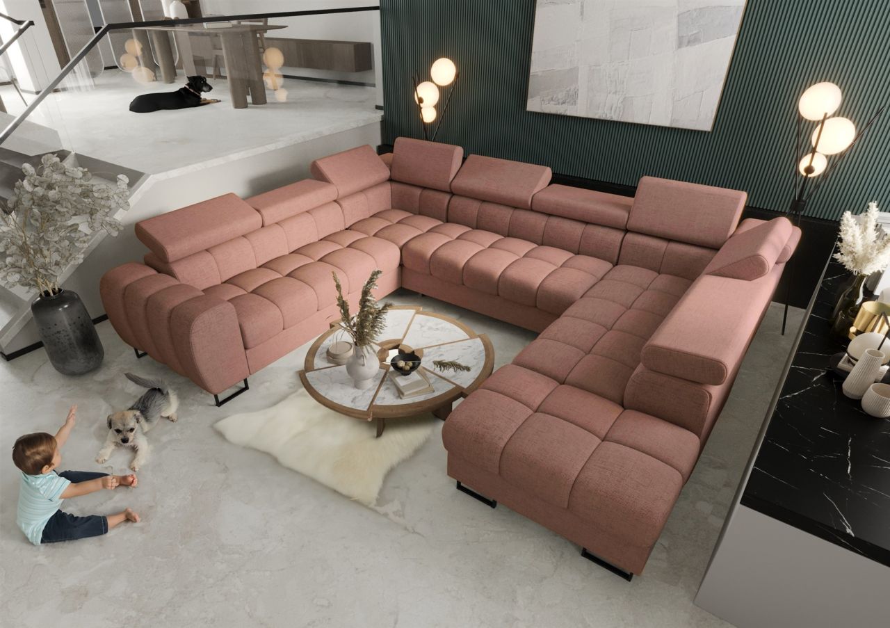 Wohnlandschaft Schlafsofa BASTIEN XL in Stoff Moly Altrosa Ottomane Rechts