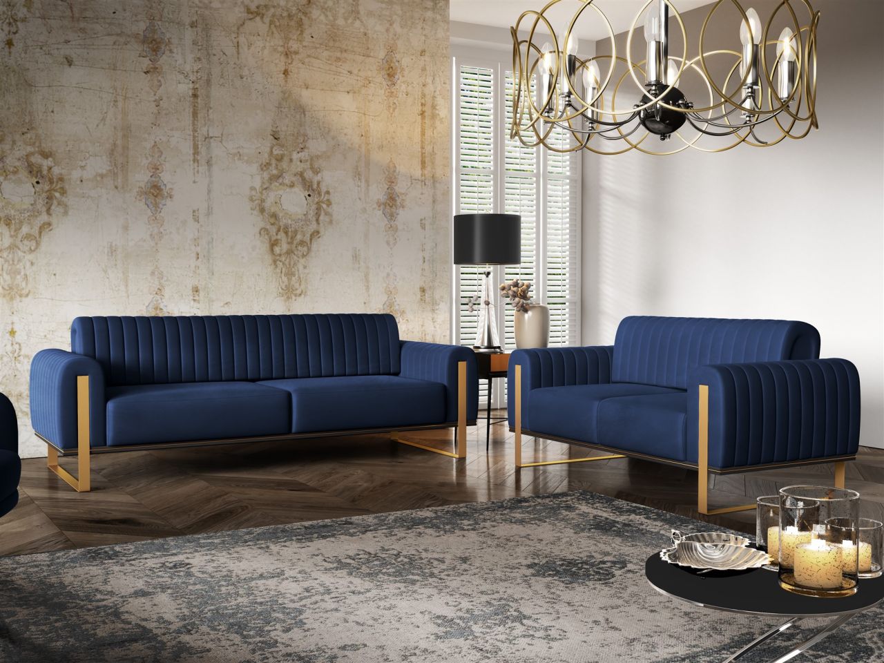 Sofaset Designersofas VALERIE 3-2 in Stoff Stoff Elisa Velvet Dunkelblau