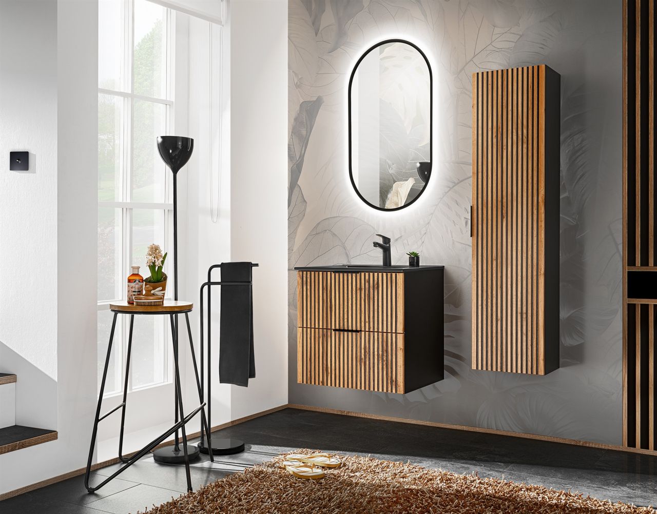 Badmöbel Set 3-tlg Badezimmerset ARMON Wotan Eiche Schrank 60cm inkl. Waschtisch