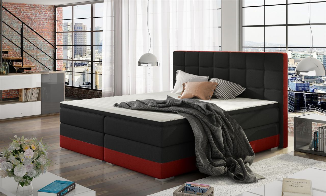 Boxspringbett Bett PRATO Webstoff Schwarz/ Rot 180x200cm