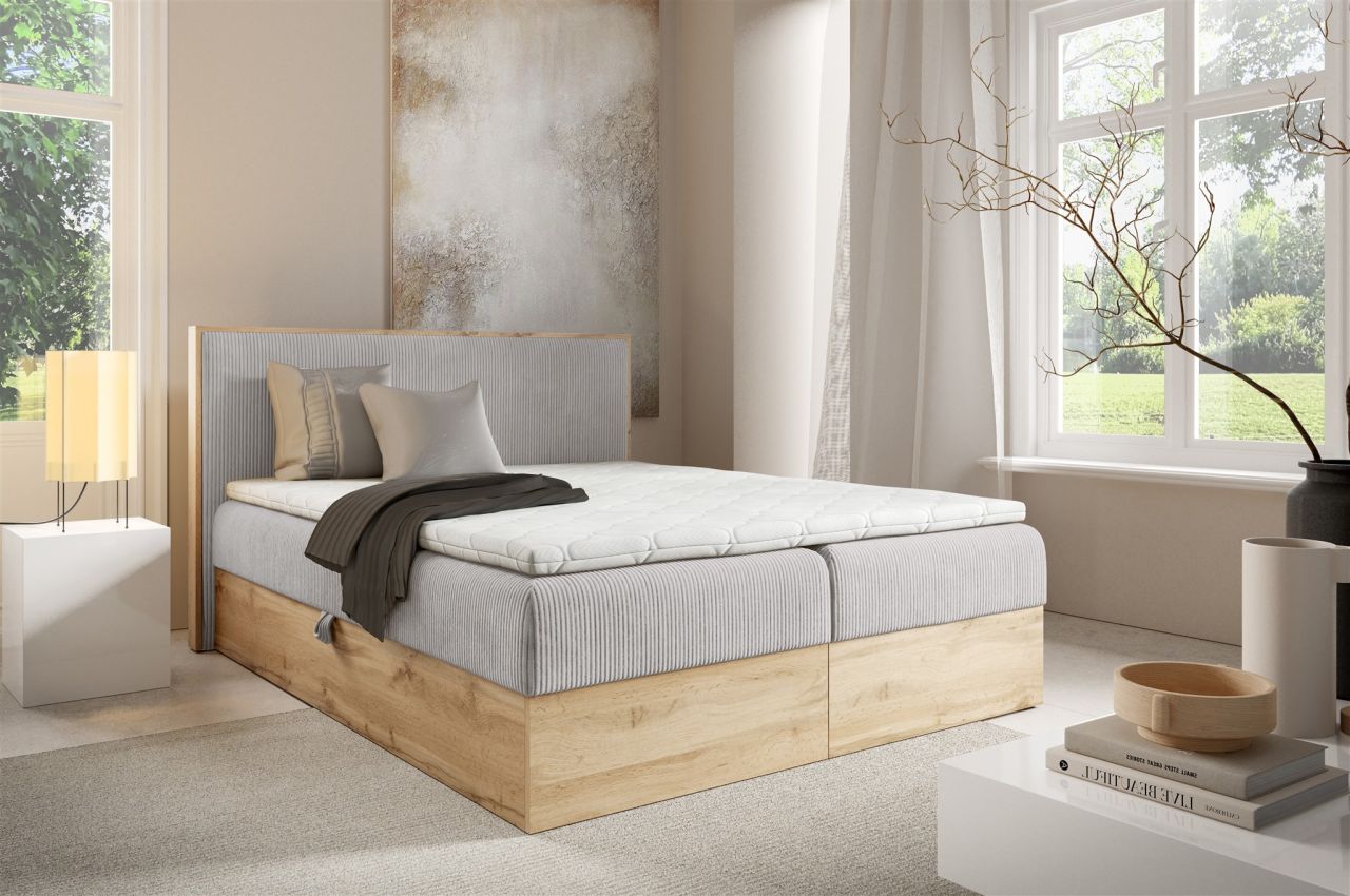 Boxspringbett Schlafzimmerbett ROLAND 160x220cm in Stoff Lincoln Hellgrau