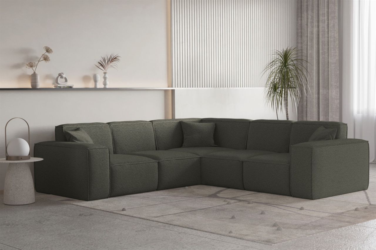 Ecksofa Designersofa CELES PREMIUM Stoff Ascot Bukla Moosgrün Seite Universal