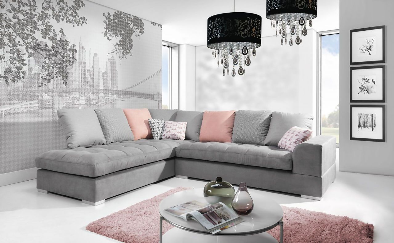 Ecksofa Sofa SANI Polyesterstoff Hellgrau Ottomane Links