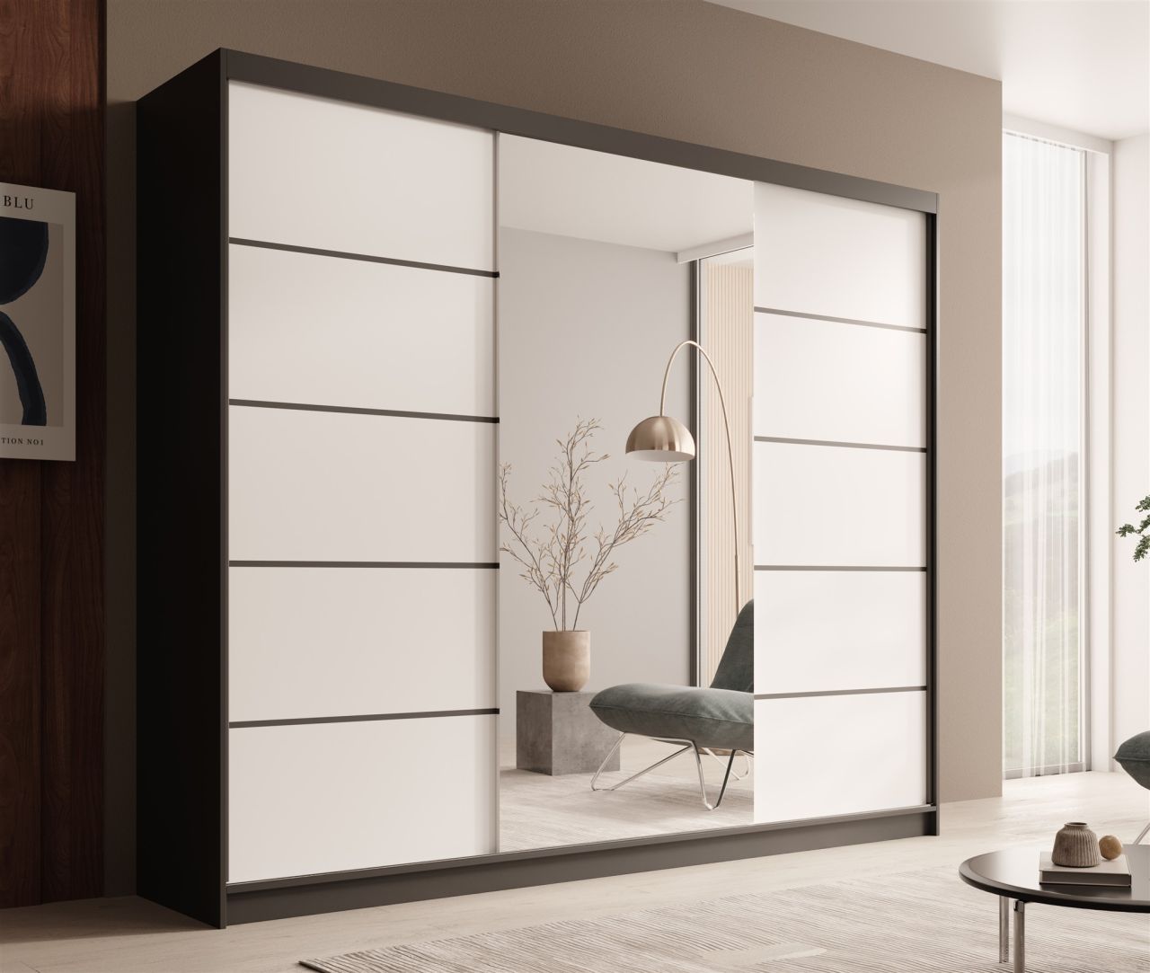 Schiebetürenschrank Schrank OSLO in Schwarz- Weiß matt 250x215x58 cm