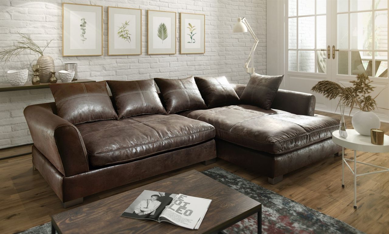 Couchgarnitur TIZIAN L-Form Wildlederoptik- Dunkelbraun/Ottomane Rechts