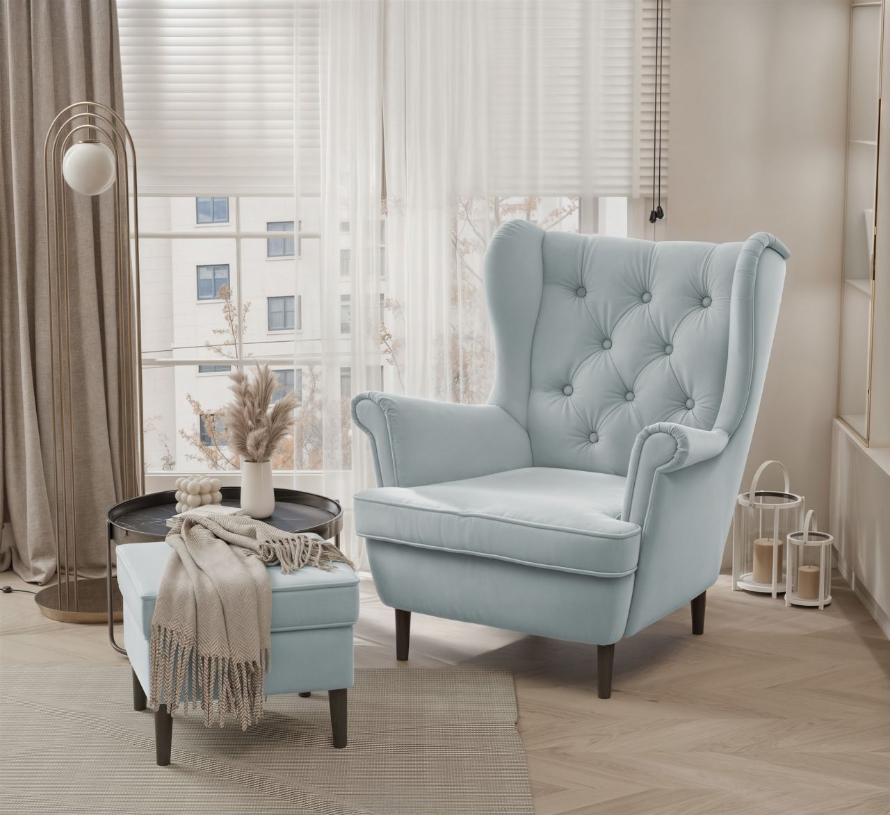 Sessel Ohrensessel NINON inkl. Hocker in Stoff Trinity Hellblau