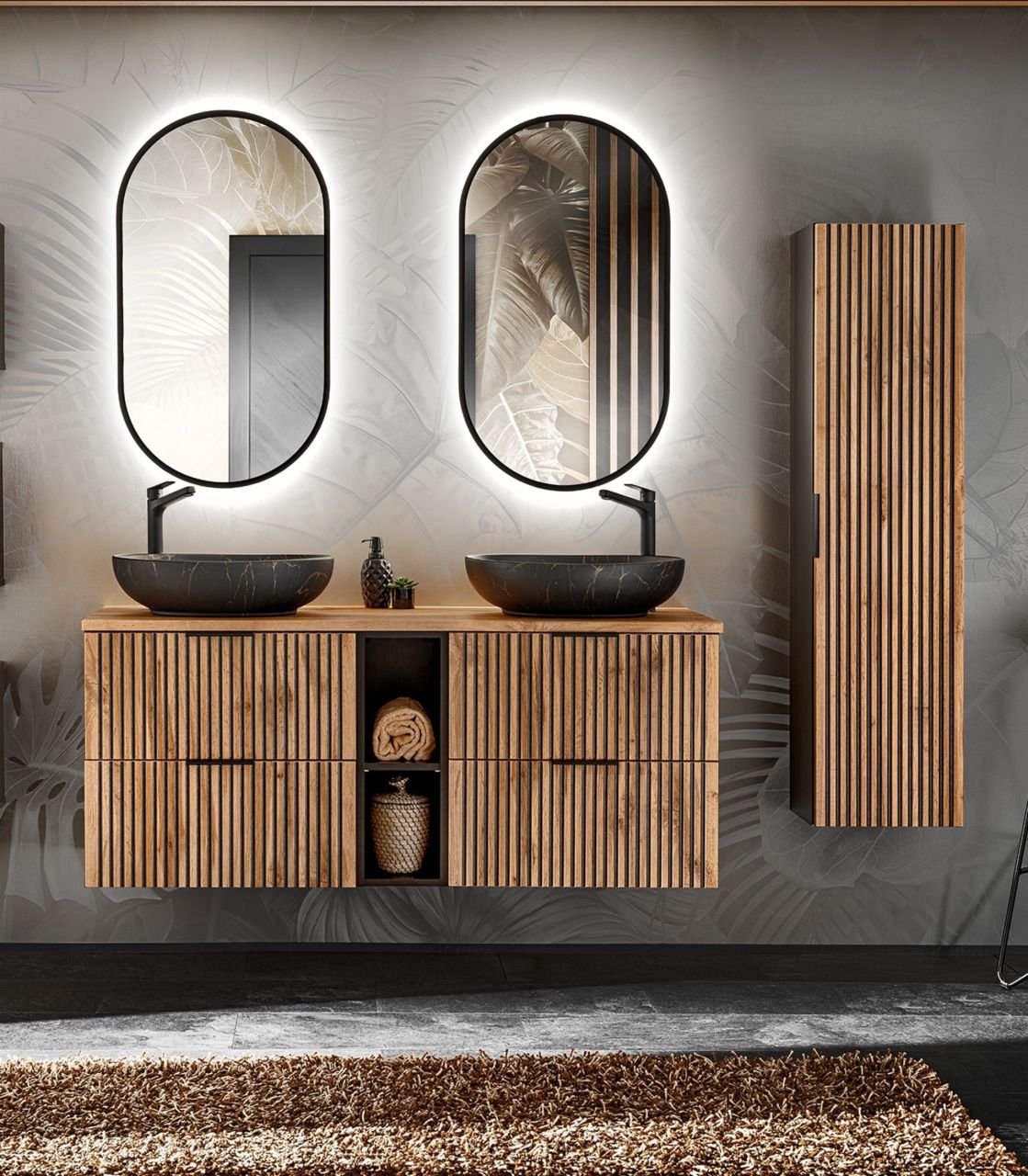 Badmöbel Set 6-tlg Badezimmerset ARMON Wotan Eiche Schrank 140cm ohne Waschtisch