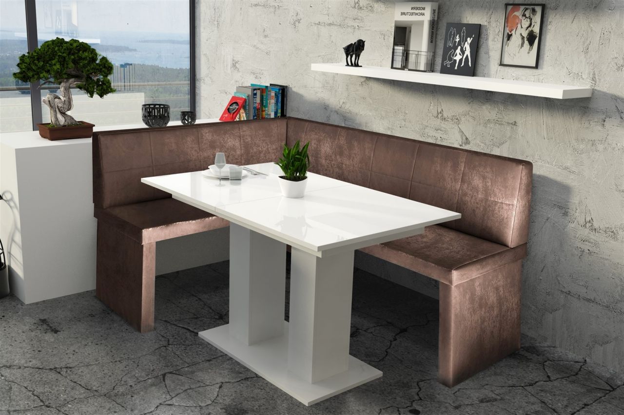Eckbankgruppe 168x128 cm ROBIN R Vin.. Braun/ Esstisch DANTE Weiss HGL