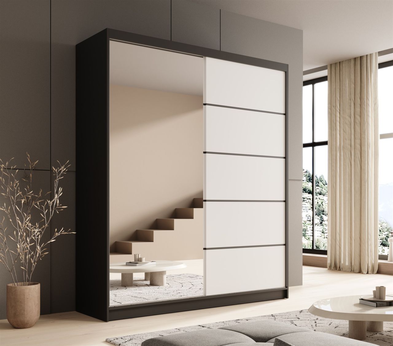 Schiebetürenschrank Schrank BONNY in Schwarz- Weiss matt 180x215x58 cm