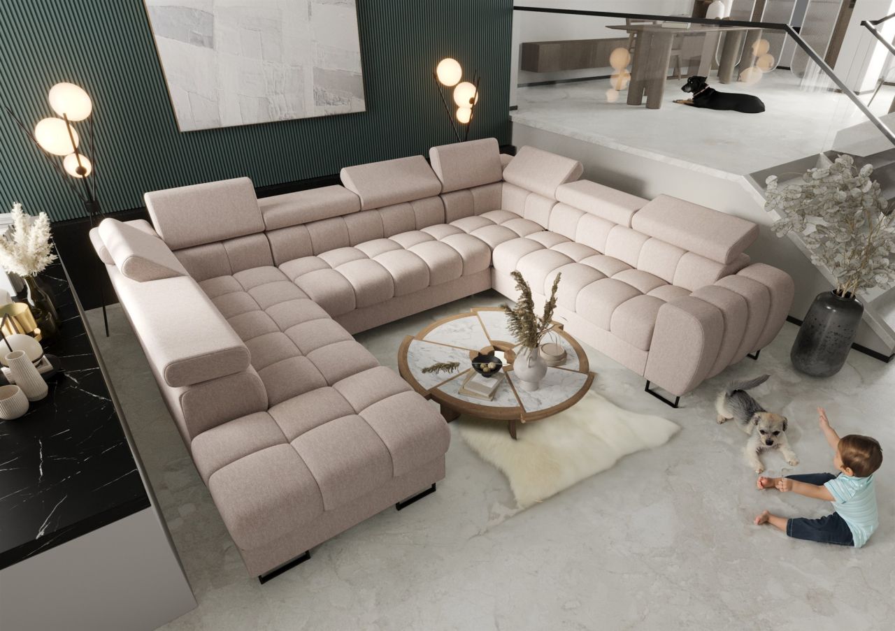 Wohnlandschaft Schlafsofa BASTIEN XL in Stoff Gemma Creme Ottomane Links