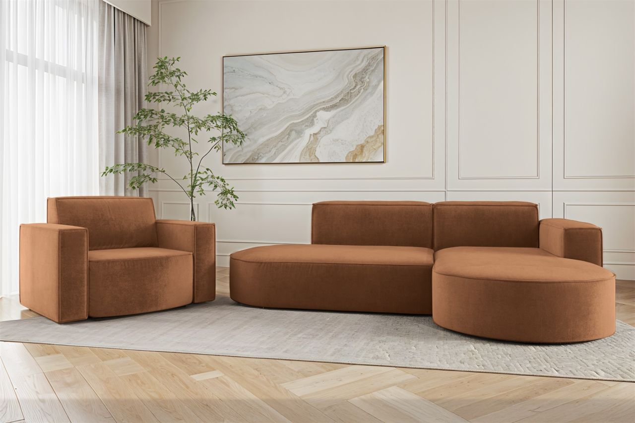 Sofa Set 2-teilig Sessel und Ecksofa PALMA XS Stoff Noel Ziegelrot Ottomane R...