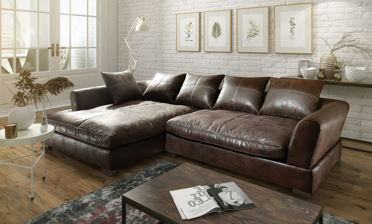 OUTLET Couchgarnitur TIZIAN L-Form Wildlederoptik- Dunkelbraun/Ottomane Links